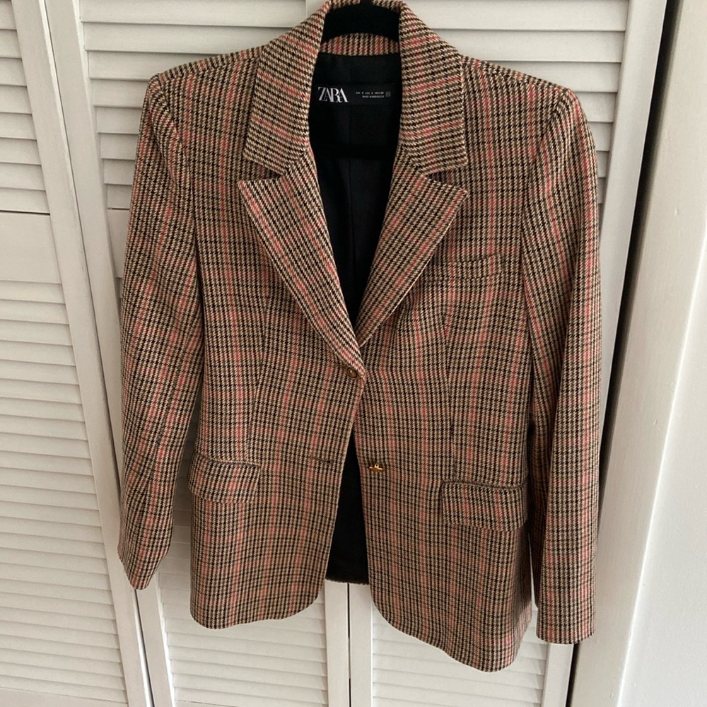 ZARA: plaid blazer with brass buttons